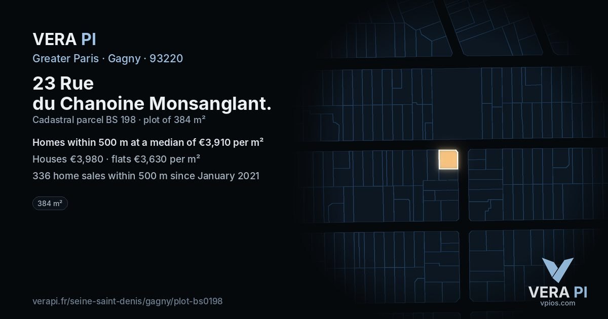 23 Rue du Chanoine Monsanglant, Gagny at night – the plot lit, the parcels around coloured by the prices near them