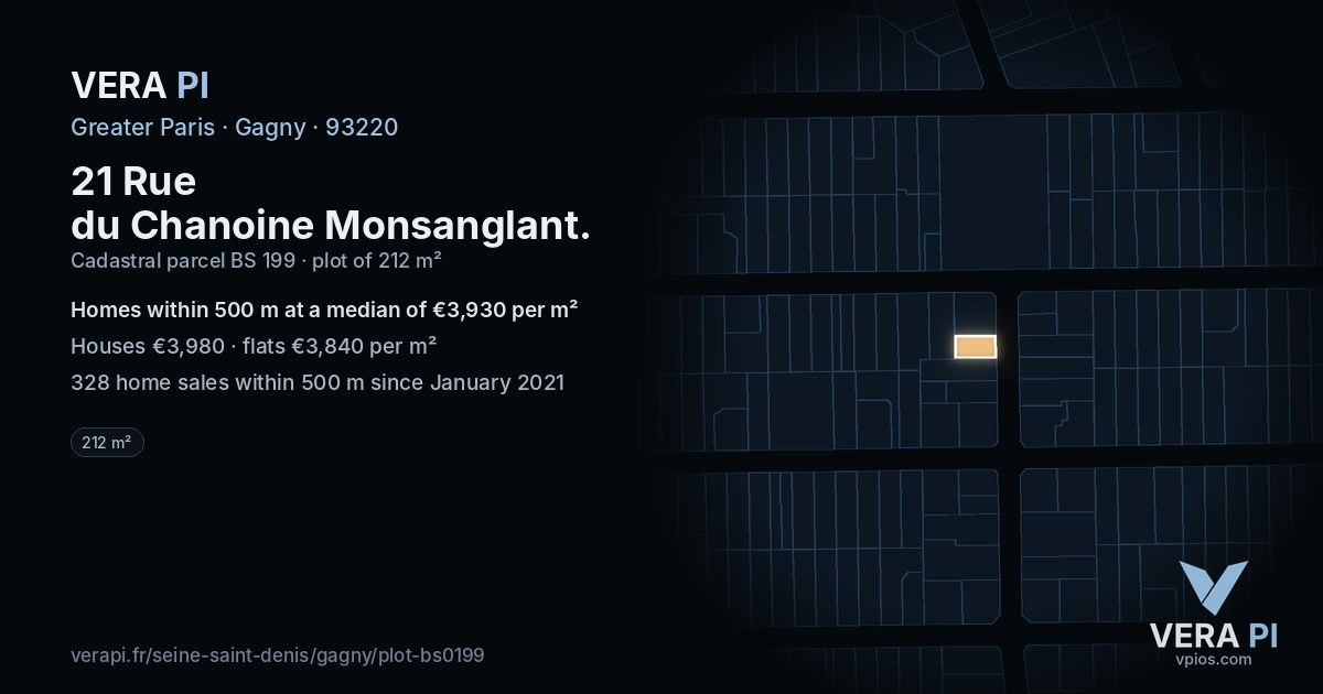 21 Rue du Chanoine Monsanglant, Gagny at night – the plot lit, the parcels around coloured by the prices near them