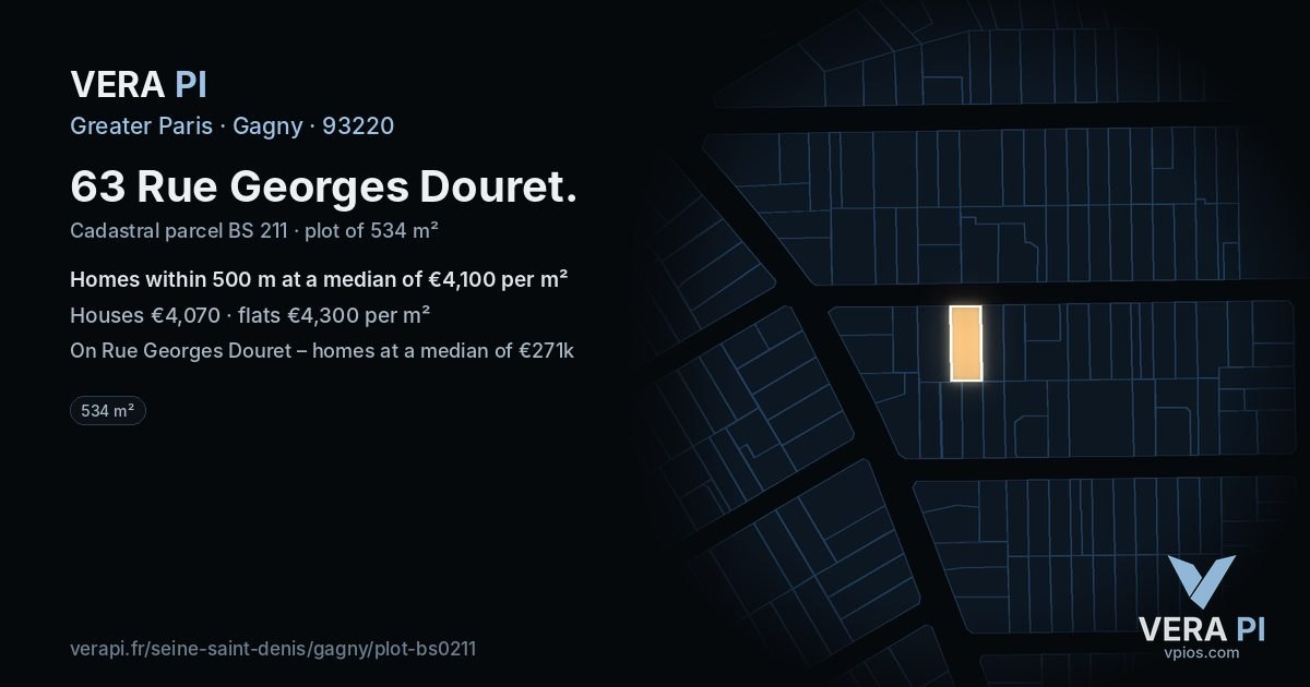 63 Rue Georges Douret, Gagny at night – the plot lit, the parcels around coloured by the prices near them