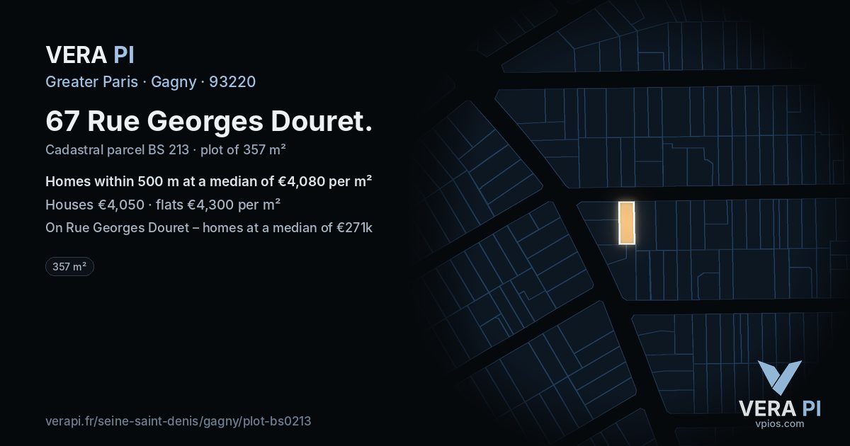 67 Rue Georges Douret, Gagny at night – the plot lit, the parcels around coloured by the prices near them