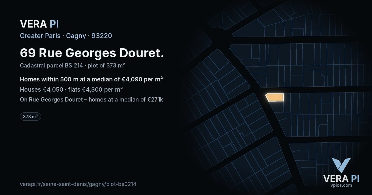 69 Rue Georges Douret, Gagny at night – the plot lit, the parcels around coloured by the prices near them