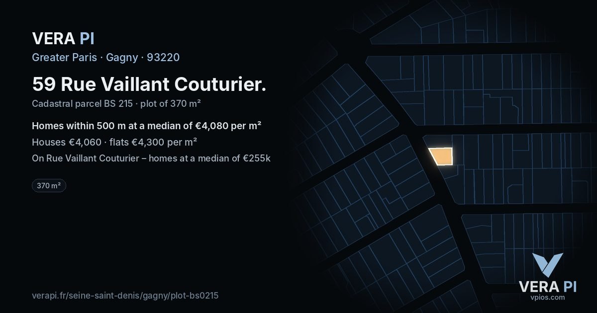 59 Rue Vaillant Couturier, Gagny at night – the plot lit, the parcels around coloured by the prices near them