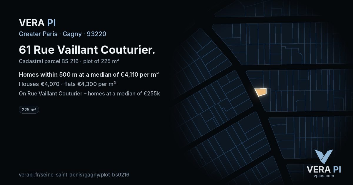 61 Rue Vaillant Couturier, Gagny at night – the plot lit, the parcels around coloured by the prices near them