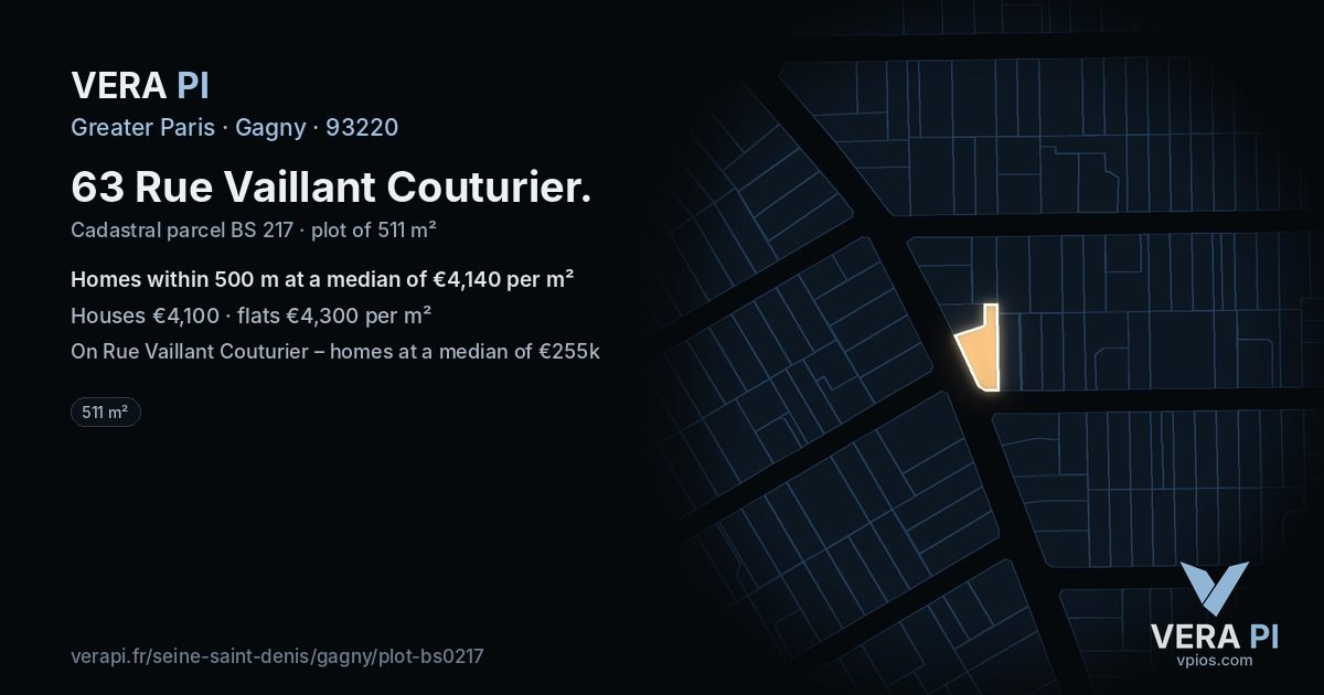 63 Rue Vaillant Couturier, Gagny at night – the plot lit, the parcels around coloured by the prices near them