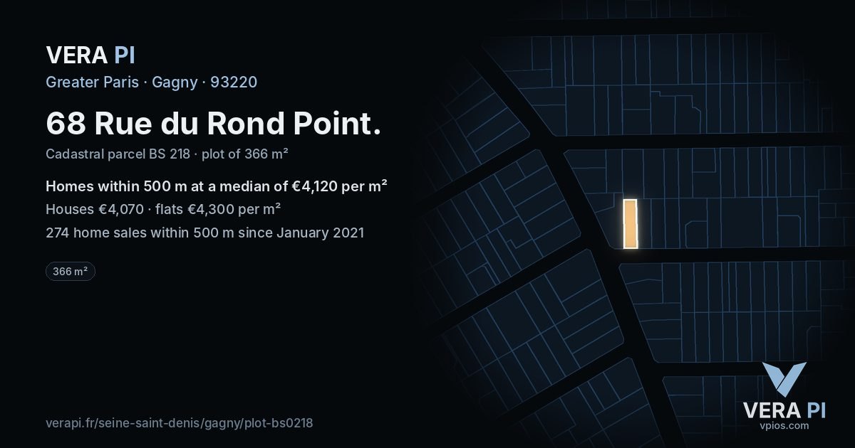68 Rue du Rond Point, Gagny at night – the plot lit, the parcels around coloured by the prices near them