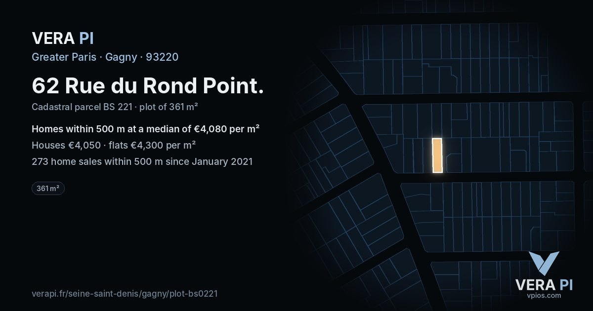 62 Rue du Rond Point, Gagny at night – the plot lit, the parcels around coloured by the prices near them