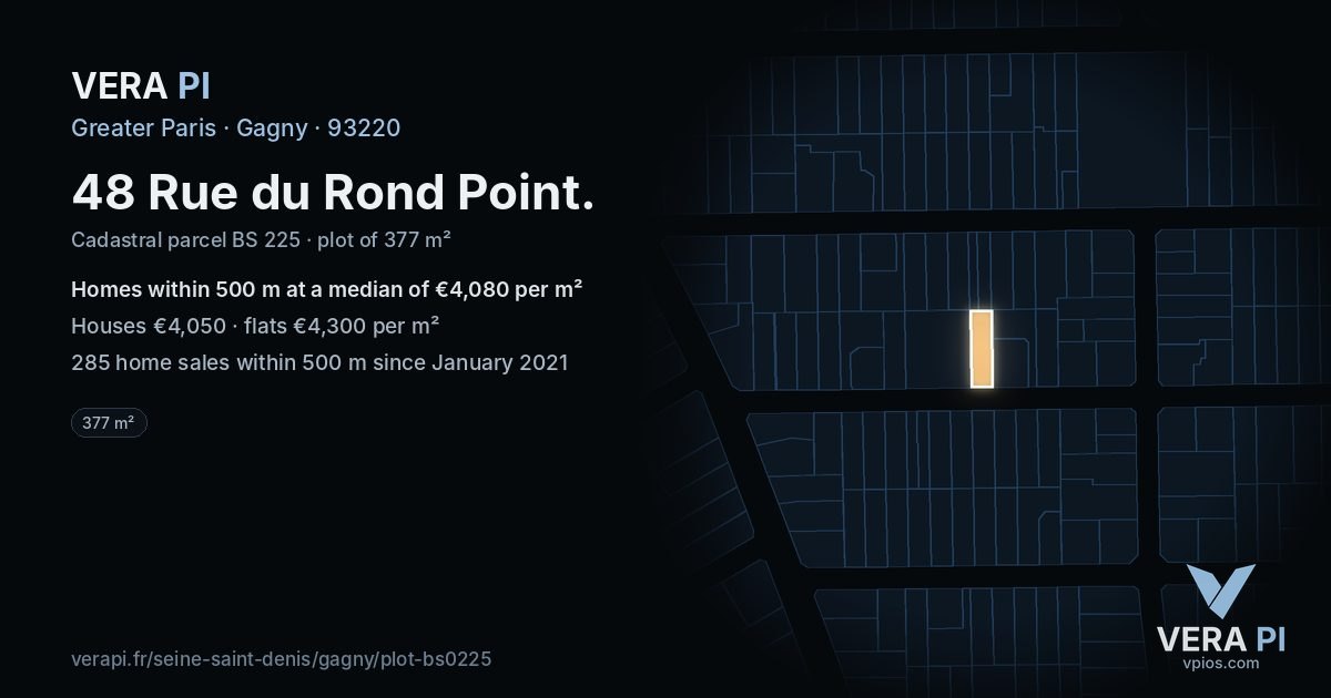 48 Rue du Rond Point, Gagny at night – the plot lit, the parcels around coloured by the prices near them