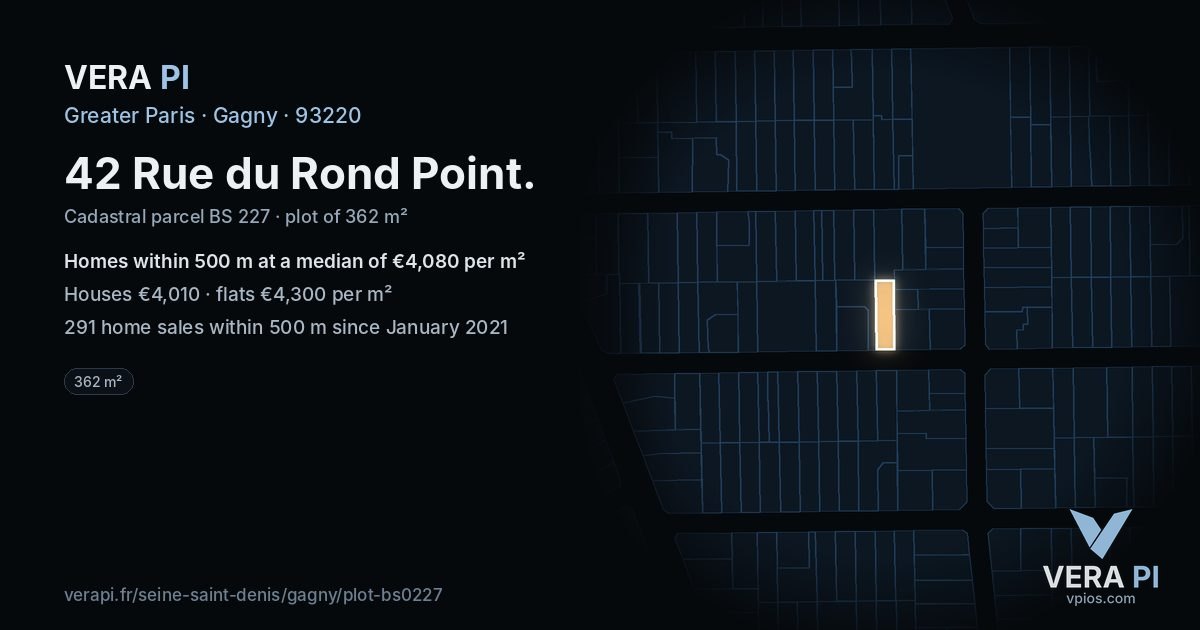 42 Rue du Rond Point, Gagny at night – the plot lit, the parcels around coloured by the prices near them