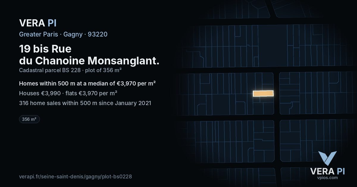 19 bis Rue du Chanoine Monsanglant, Gagny at night – the plot lit, the parcels around coloured by the prices near them