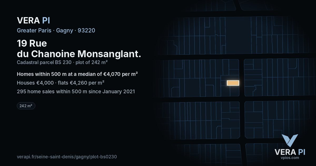 19 Rue du Chanoine Monsanglant, Gagny at night – the plot lit, the parcels around coloured by the prices near them