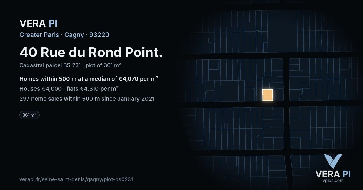 40 Rue du Rond Point, Gagny at night – the plot lit, the parcels around coloured by the prices near them