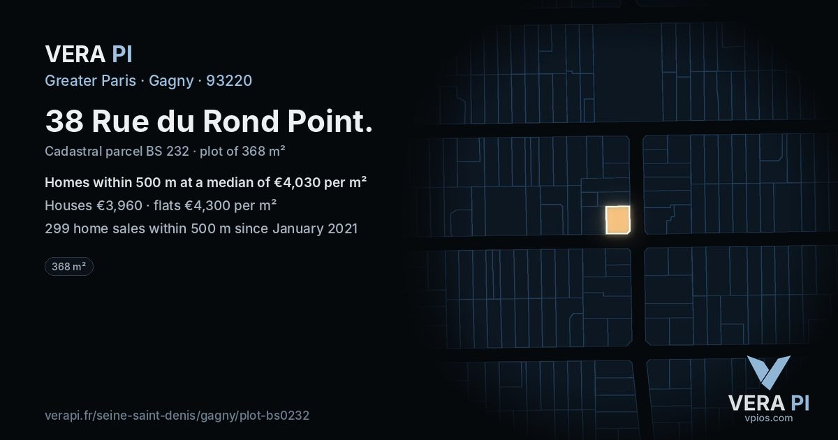 38 Rue du Rond Point, Gagny at night – the plot lit, the parcels around coloured by the prices near them