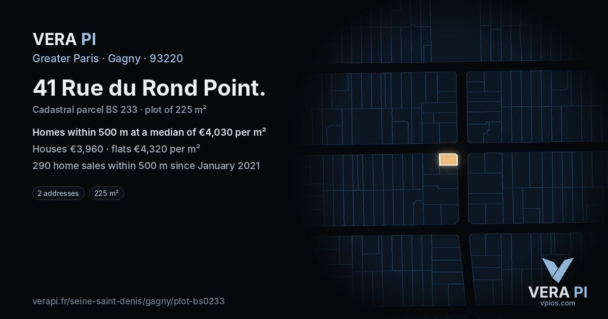 41 Rue du Rond Point, Gagny at night – the plot lit, the parcels around coloured by the prices near them