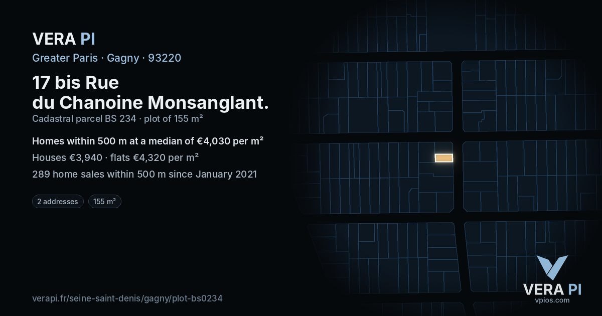 17 bis Rue du Chanoine Monsanglant, Gagny at night – the plot lit, the parcels around coloured by the prices near them