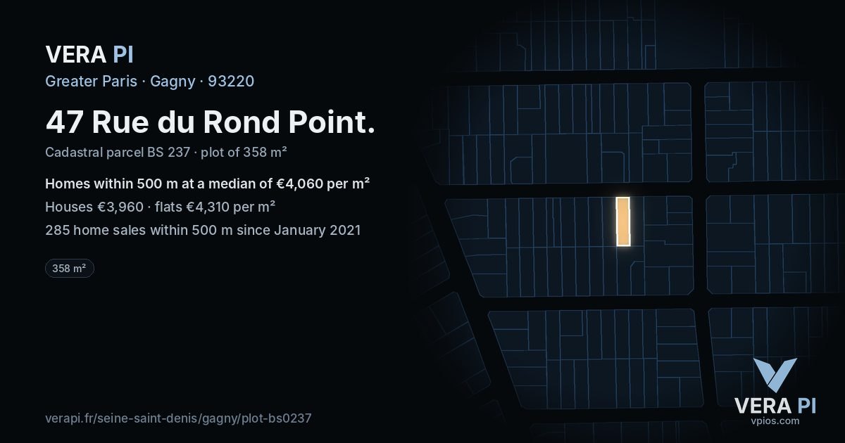 47 Rue du Rond Point, Gagny at night – the plot lit, the parcels around coloured by the prices near them