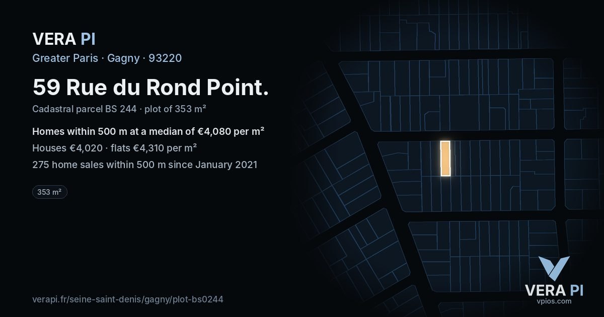 59 Rue du Rond Point, Gagny at night – the plot lit, the parcels around coloured by the prices near them