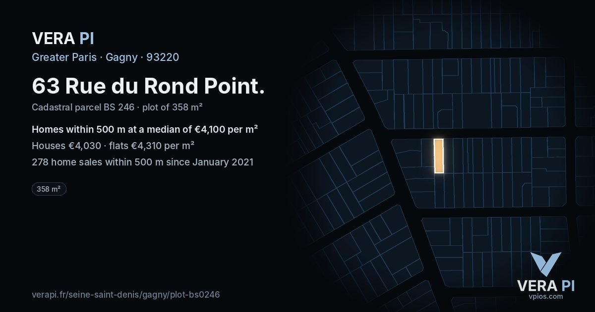 63 Rue du Rond Point, Gagny at night – the plot lit, the parcels around coloured by the prices near them