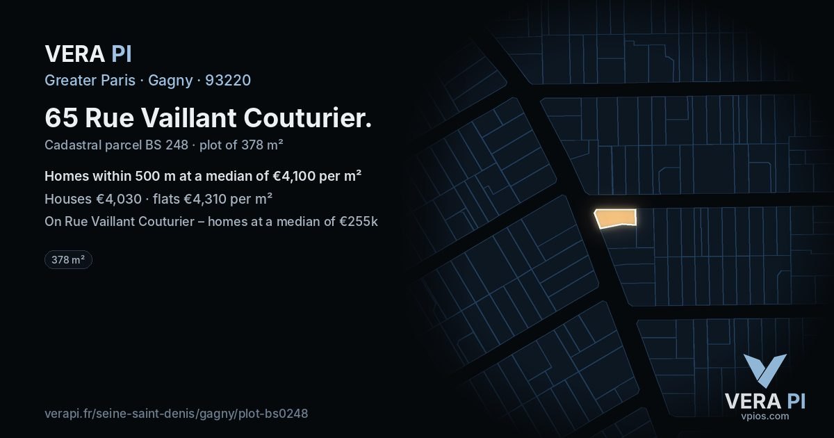 65 Rue Vaillant Couturier, Gagny at night – the plot lit, the parcels around coloured by the prices near them