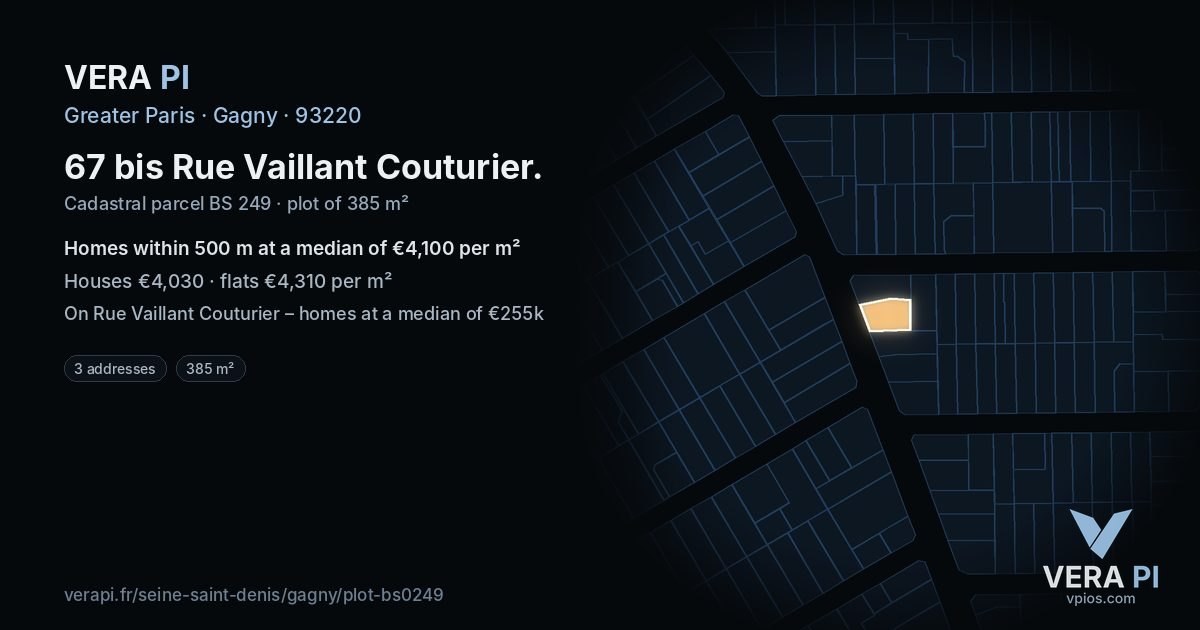 67 bis Rue Vaillant Couturier, Gagny at night – the plot lit, the parcels around coloured by the prices near them