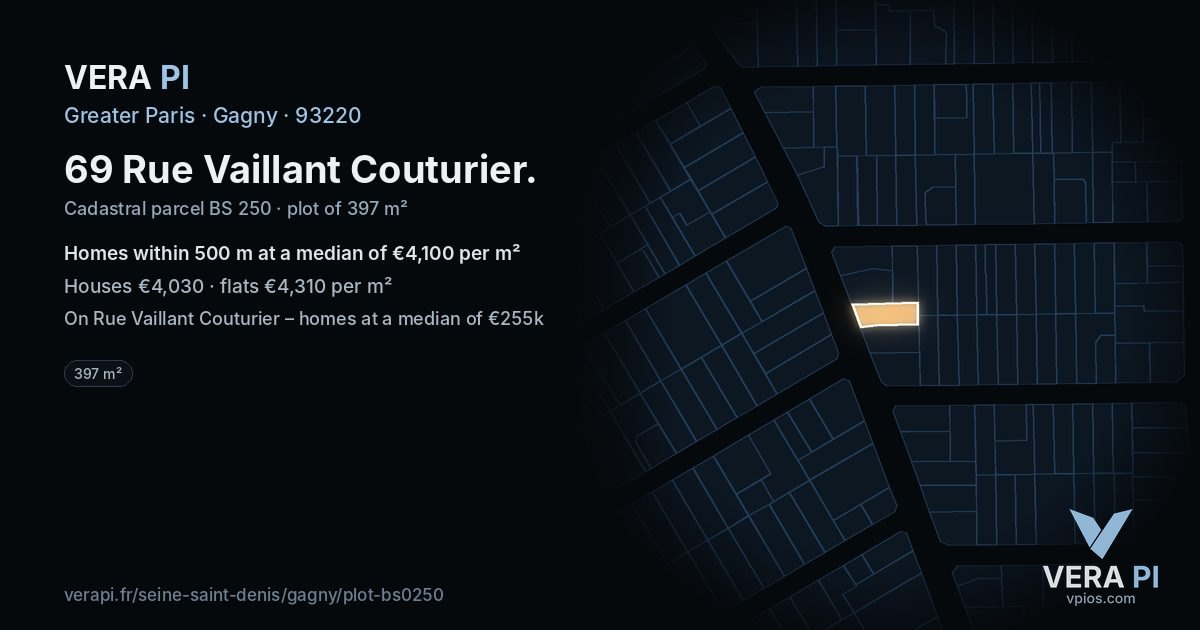 69 Rue Vaillant Couturier, Gagny at night – the plot lit, the parcels around coloured by the prices near them