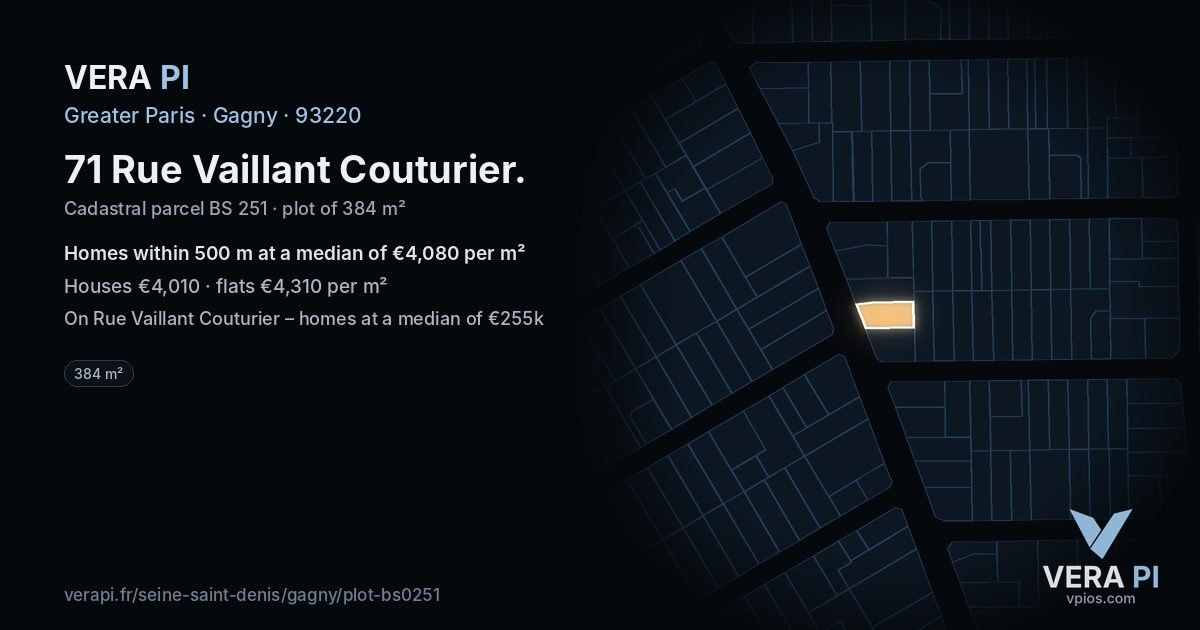 71 Rue Vaillant Couturier, Gagny at night – the plot lit, the parcels around coloured by the prices near them