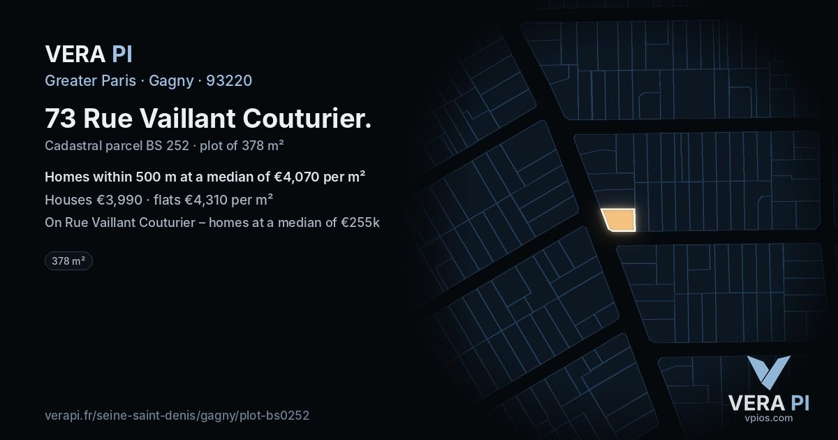 73 Rue Vaillant Couturier, Gagny at night – the plot lit, the parcels around coloured by the prices near them