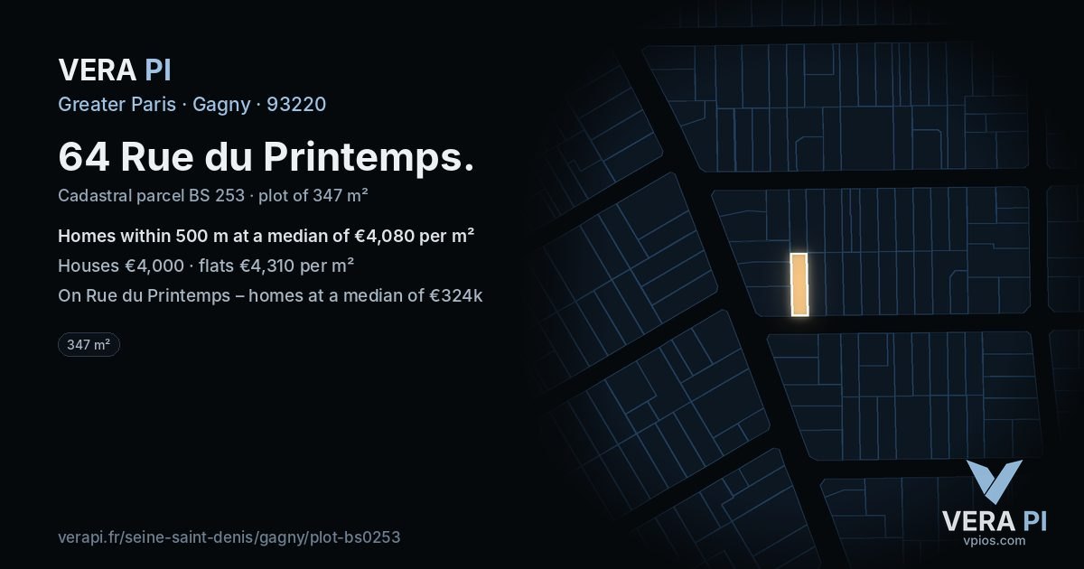64 Rue du Printemps, Gagny at night – the plot lit, the parcels around coloured by the prices near them