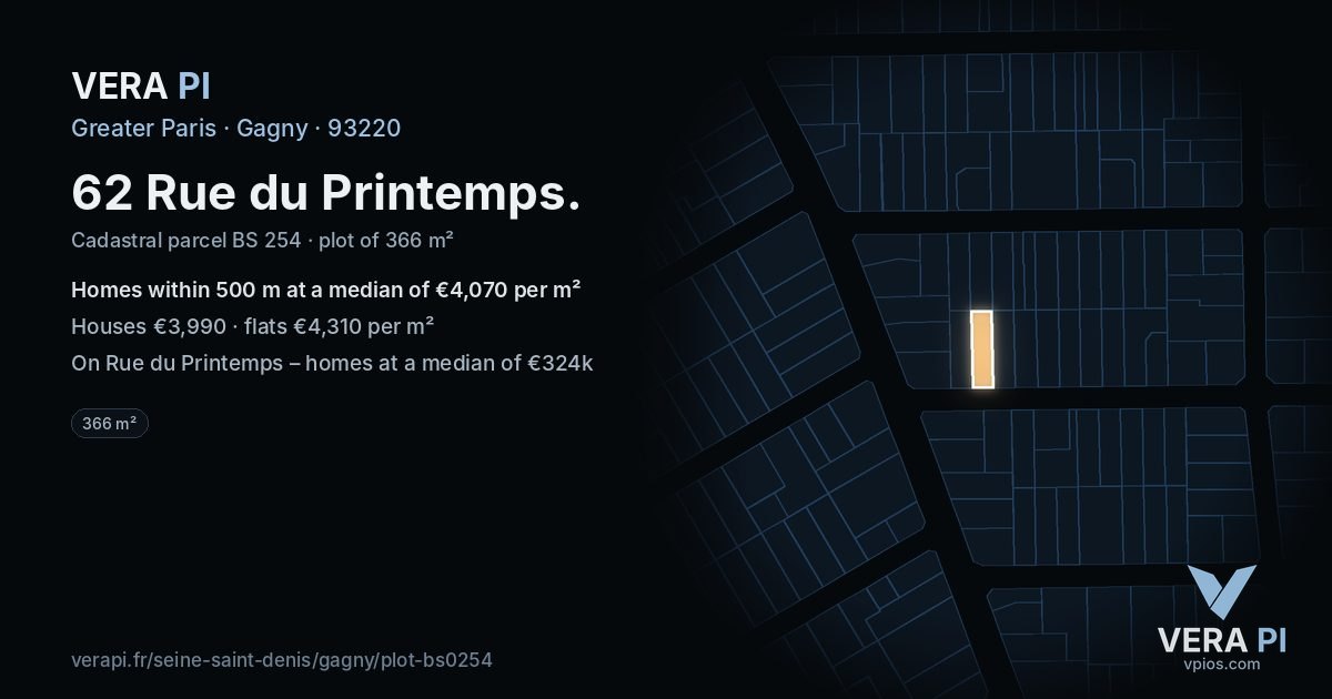 62 Rue du Printemps, Gagny at night – the plot lit, the parcels around coloured by the prices near them
