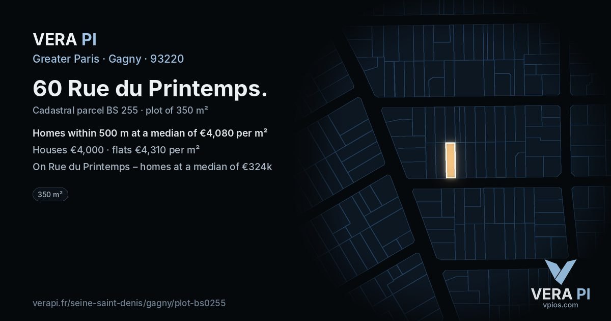 60 Rue du Printemps, Gagny at night – the plot lit, the parcels around coloured by the prices near them