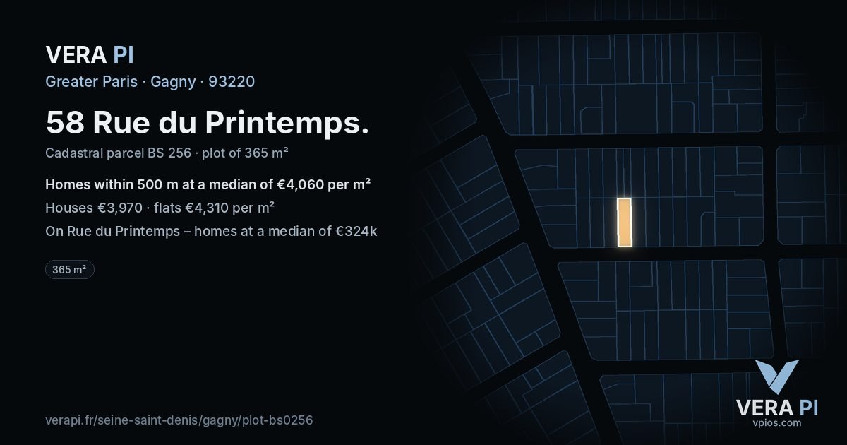 58 Rue du Printemps, Gagny at night – the plot lit, the parcels around coloured by the prices near them
