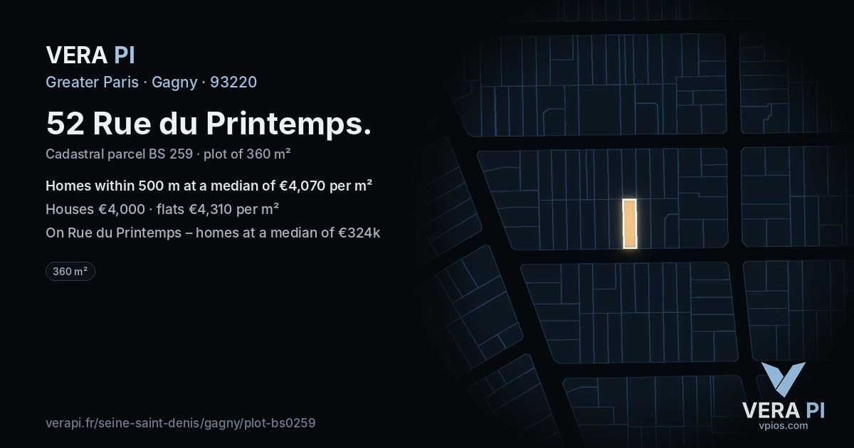 52 Rue du Printemps, Gagny at night – the plot lit, the parcels around coloured by the prices near them