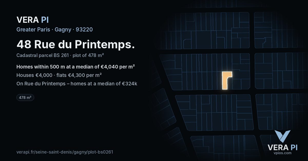 48 Rue du Printemps, Gagny at night – the plot lit, the parcels around coloured by the prices near them