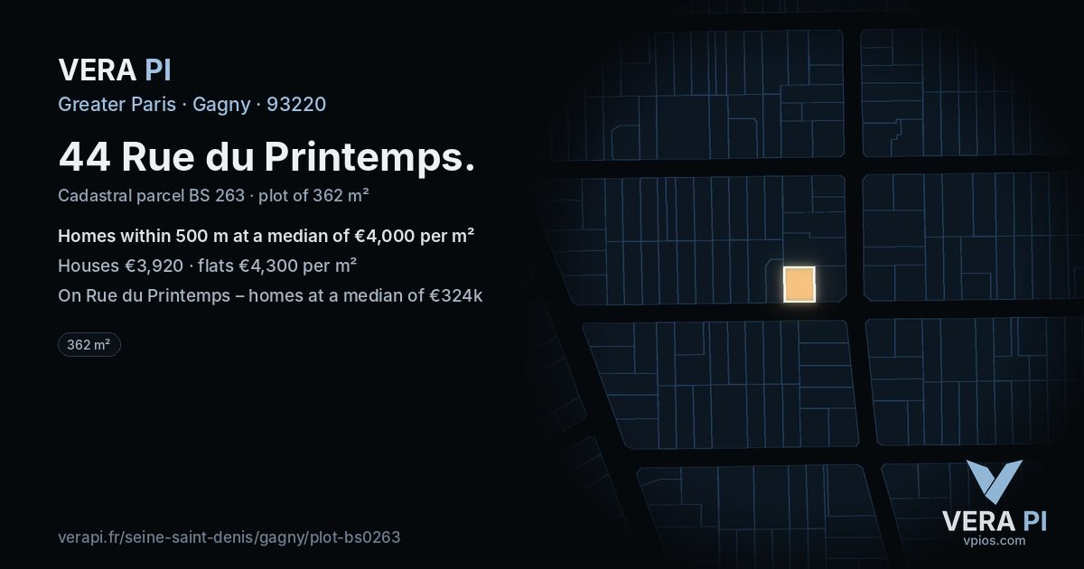 44 Rue du Printemps, Gagny at night – the plot lit, the parcels around coloured by the prices near them
