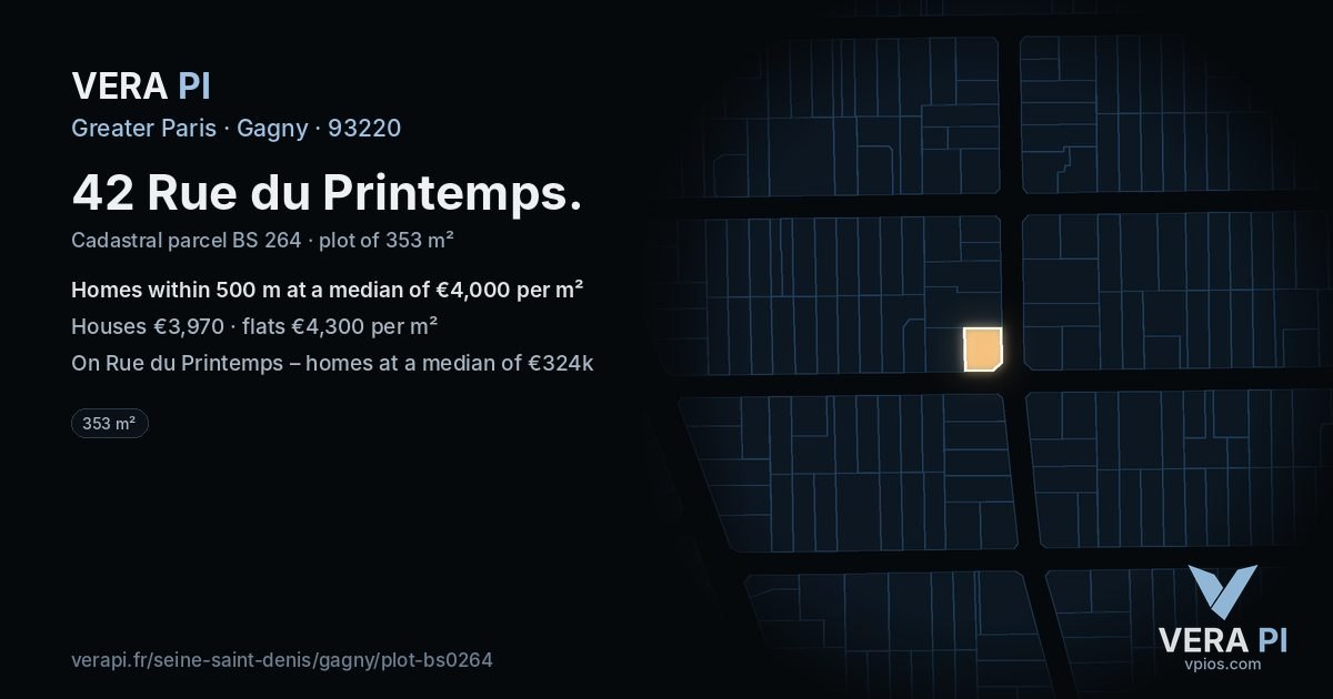 42 Rue du Printemps, Gagny at night – the plot lit, the parcels around coloured by the prices near them