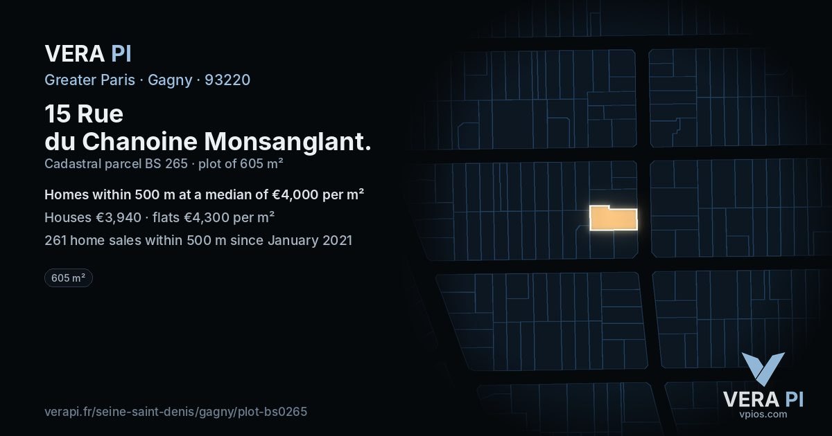15 Rue du Chanoine Monsanglant, Gagny at night – the plot lit, the parcels around coloured by the prices near them