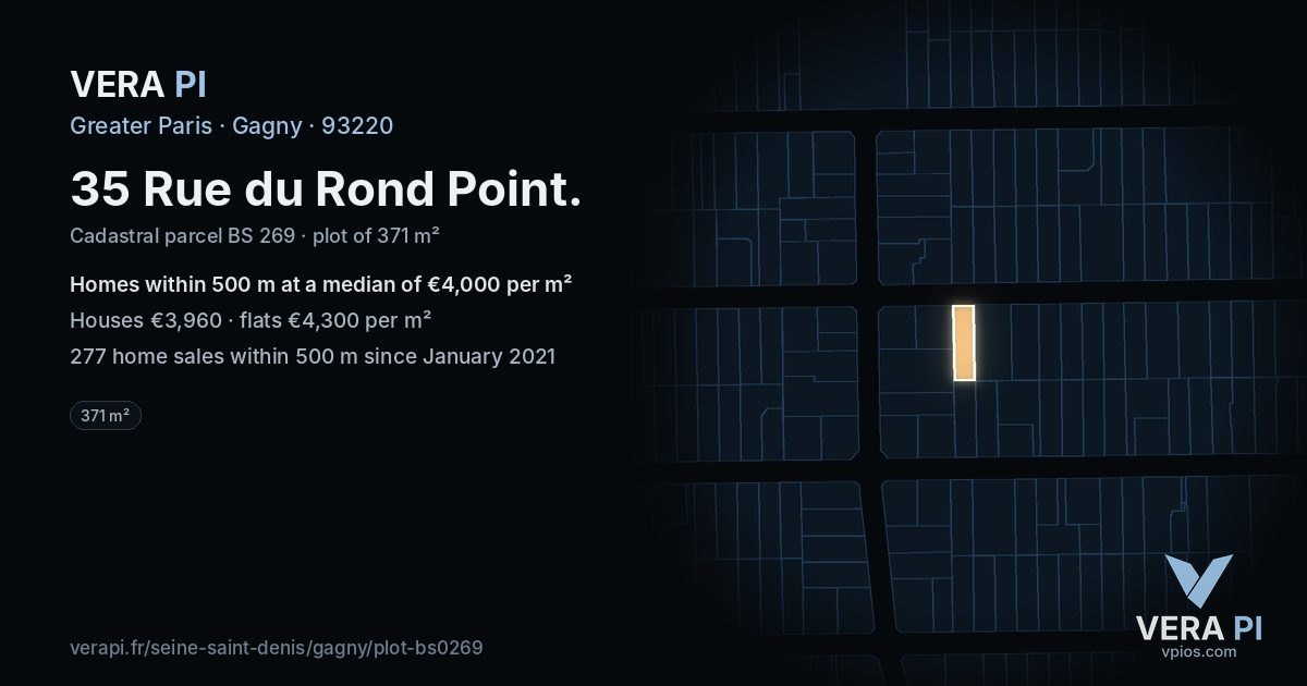 35 Rue du Rond Point, Gagny at night – the plot lit, the parcels around coloured by the prices near them