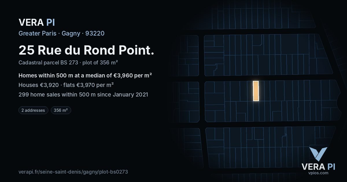 25 Rue du Rond Point, Gagny at night – the plot lit, the parcels around coloured by the prices near them