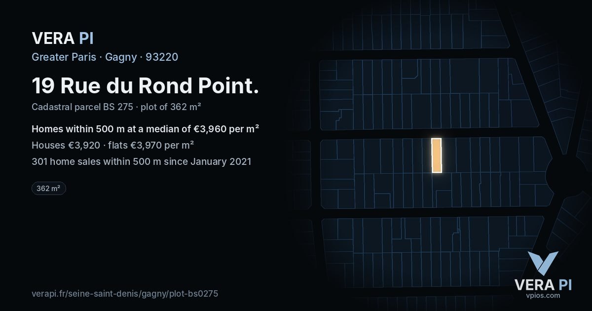 19 Rue du Rond Point, Gagny at night – the plot lit, the parcels around coloured by the prices near them