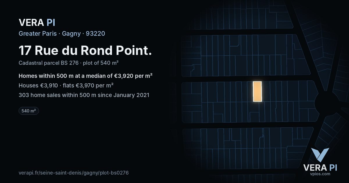 17 Rue du Rond Point, Gagny at night – the plot lit, the parcels around coloured by the prices near them