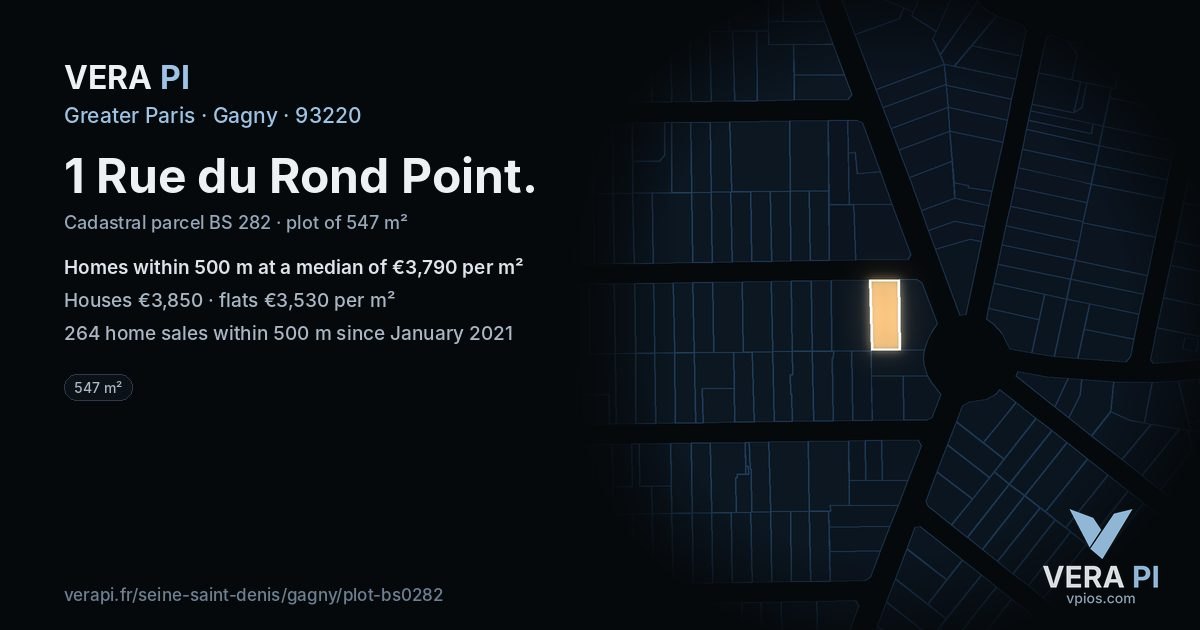 1 Rue du Rond Point, Gagny at night – the plot lit, the parcels around coloured by the prices near them