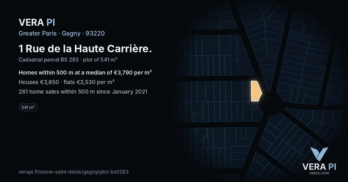 1 Rue de la Haute Carrière, Gagny at night – the plot lit, the parcels around coloured by the prices near them