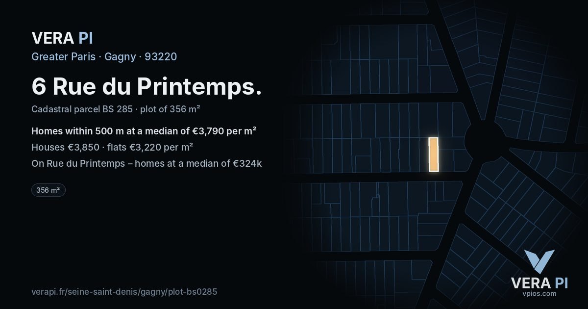 6 Rue du Printemps, Gagny at night – the plot lit, the parcels around coloured by the prices near them