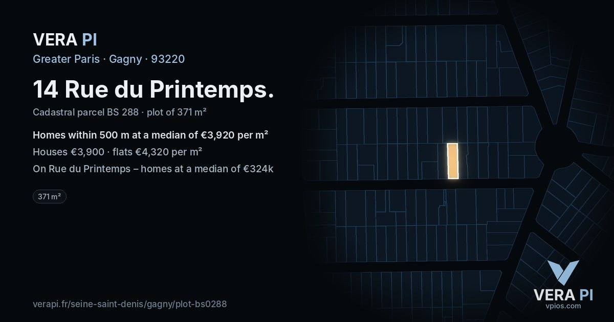 14 Rue du Printemps, Gagny at night – the plot lit, the parcels around coloured by the prices near them