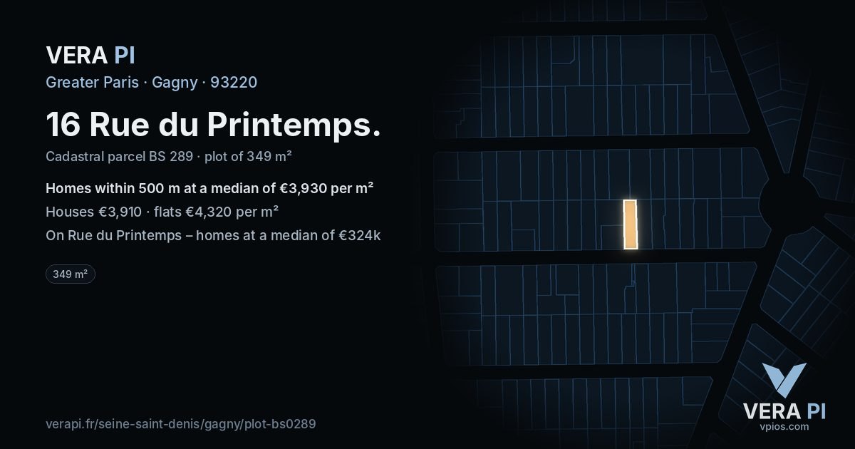 16 Rue du Printemps, Gagny at night – the plot lit, the parcels around coloured by the prices near them