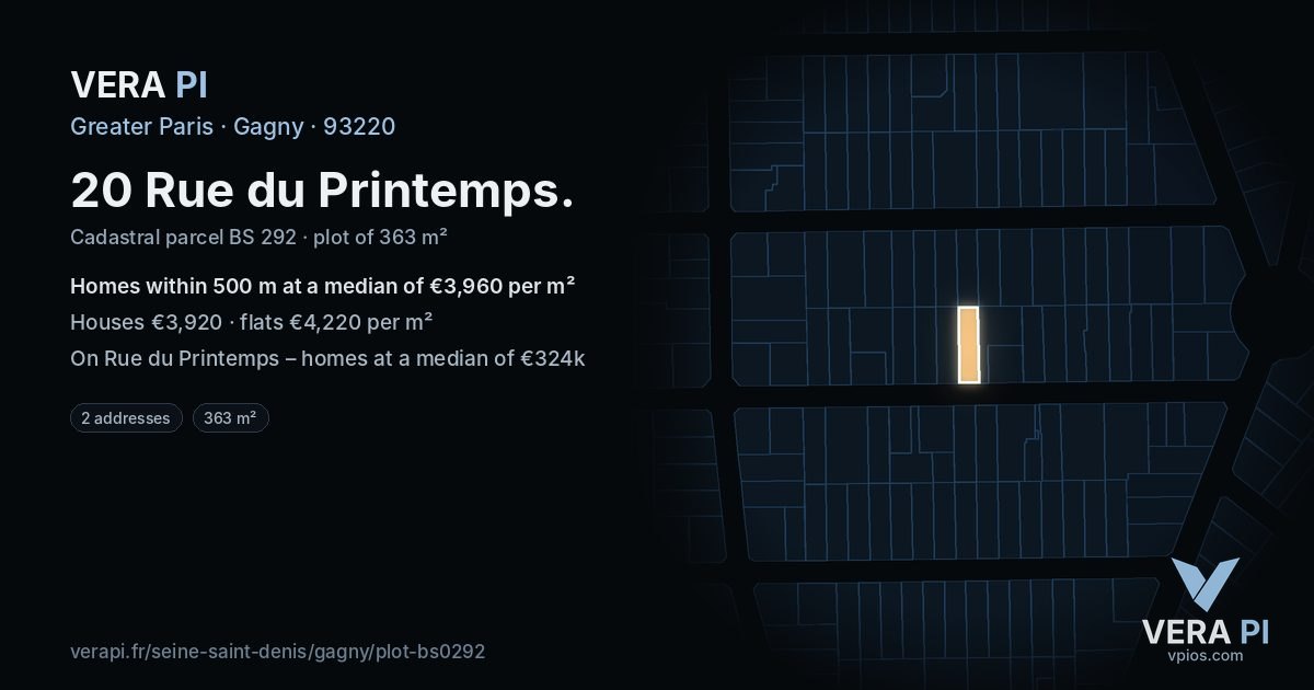 20 Rue du Printemps, Gagny at night – the plot lit, the parcels around coloured by the prices near them
