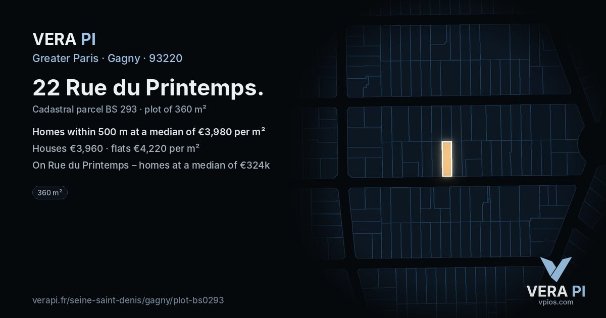 22 Rue du Printemps, Gagny at night – the plot lit, the parcels around coloured by the prices near them