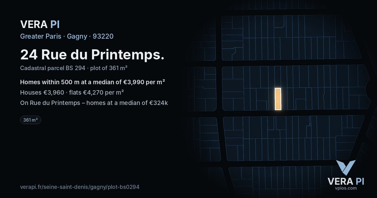 24 Rue du Printemps, Gagny at night – the plot lit, the parcels around coloured by the prices near them