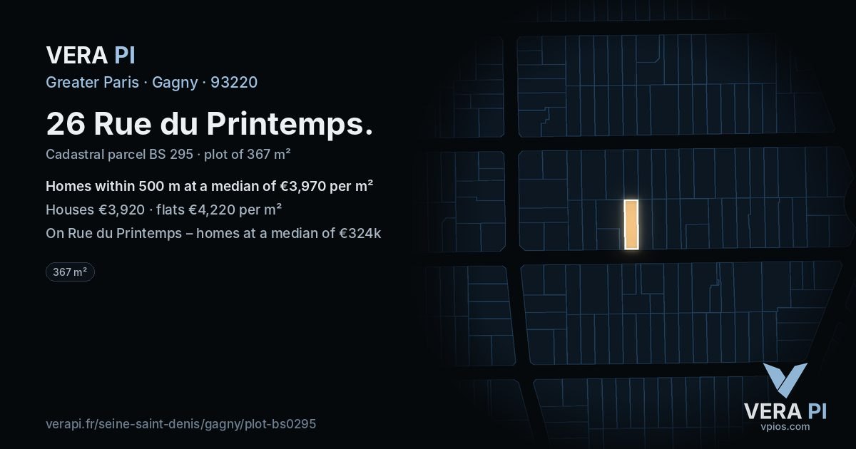 26 Rue du Printemps, Gagny at night – the plot lit, the parcels around coloured by the prices near them