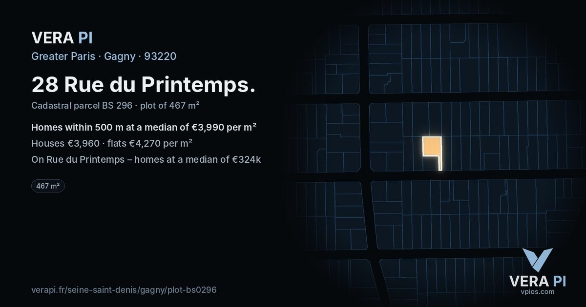 28 Rue du Printemps, Gagny at night – the plot lit, the parcels around coloured by the prices near them