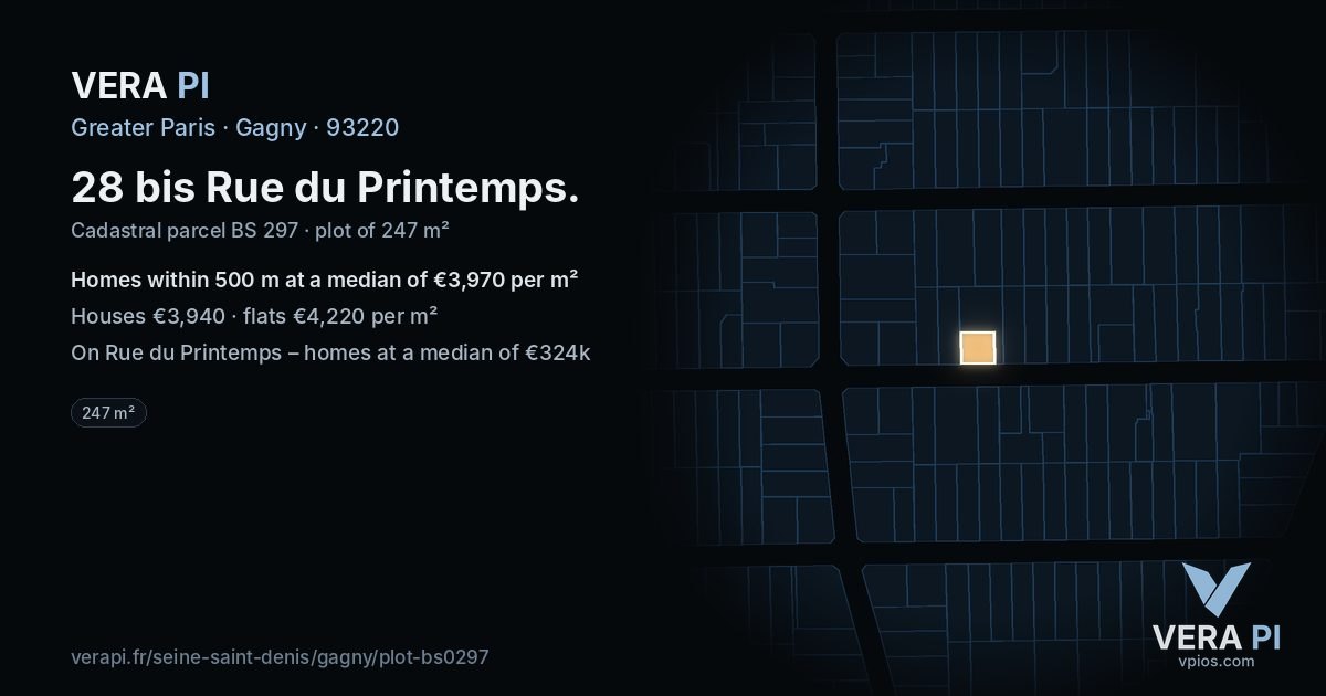 28 bis Rue du Printemps, Gagny at night – the plot lit, the parcels around coloured by the prices near them